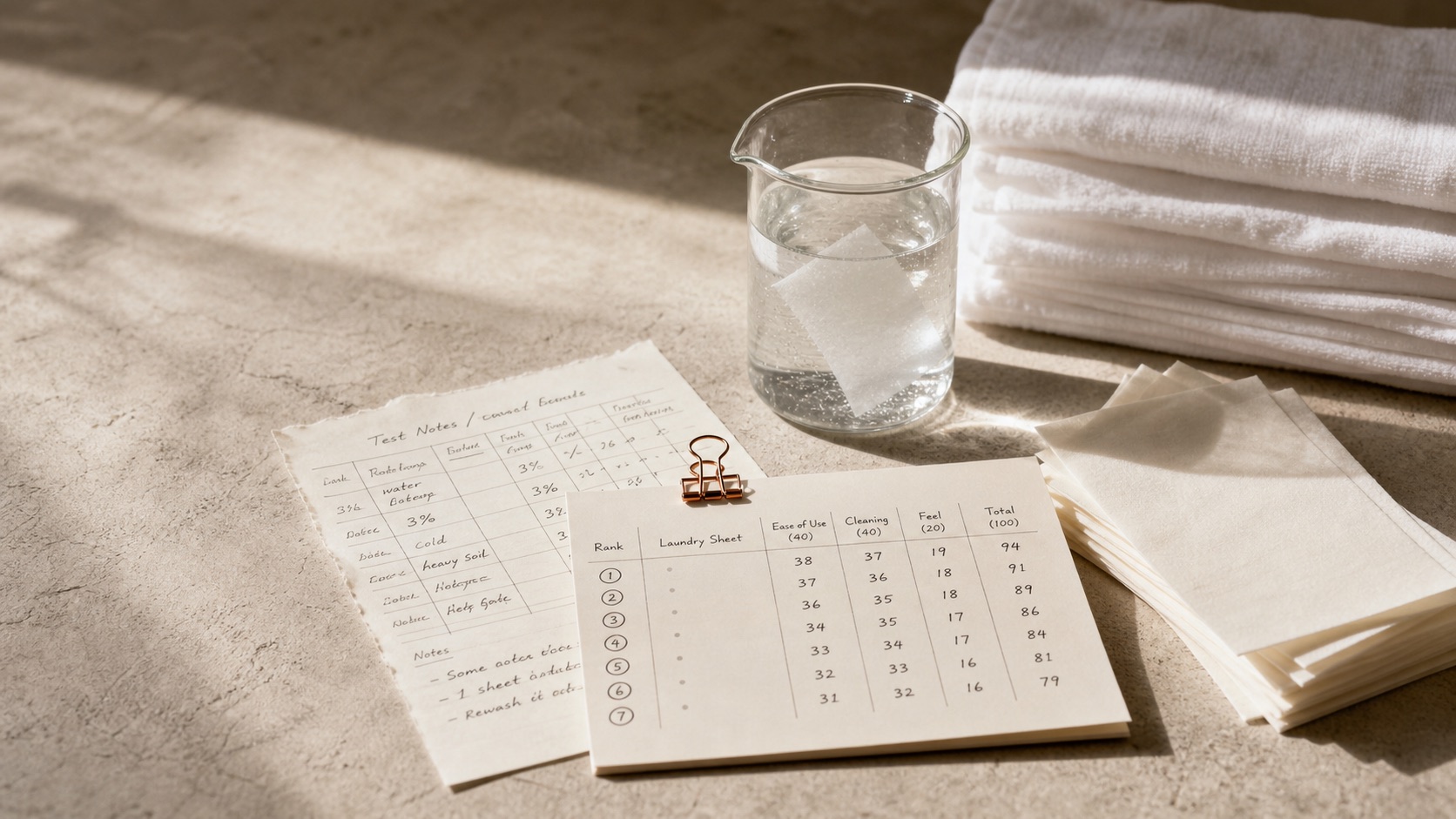 Laundry sheets, folded towels, and editorial review notes arranged on a warm tabletop