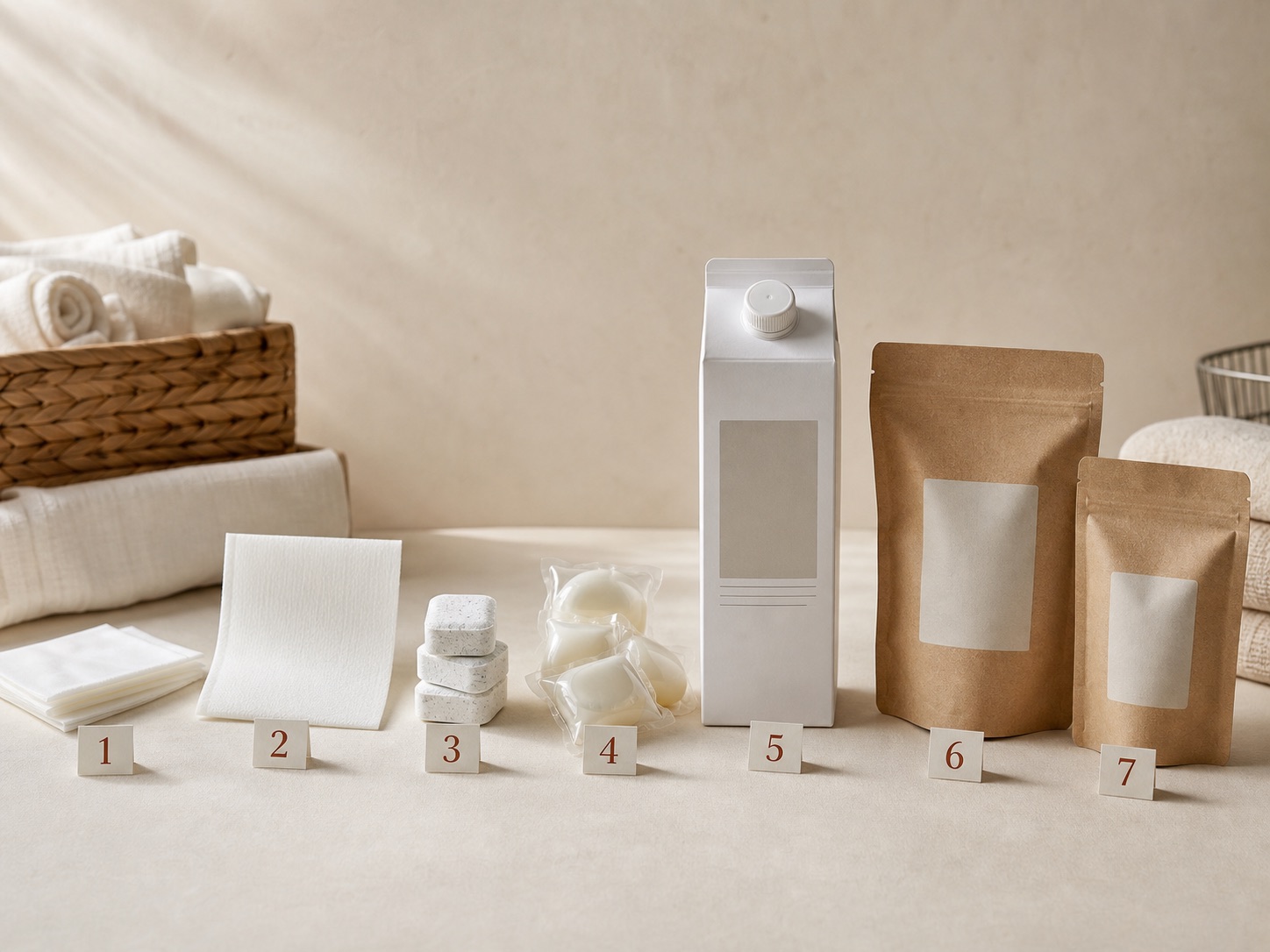 An editorial overhead of concentrated laundry sheets, towels, and review materials