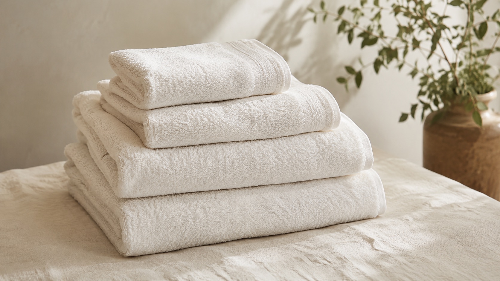 Folded white towels with a dull, grayed cast under daylight