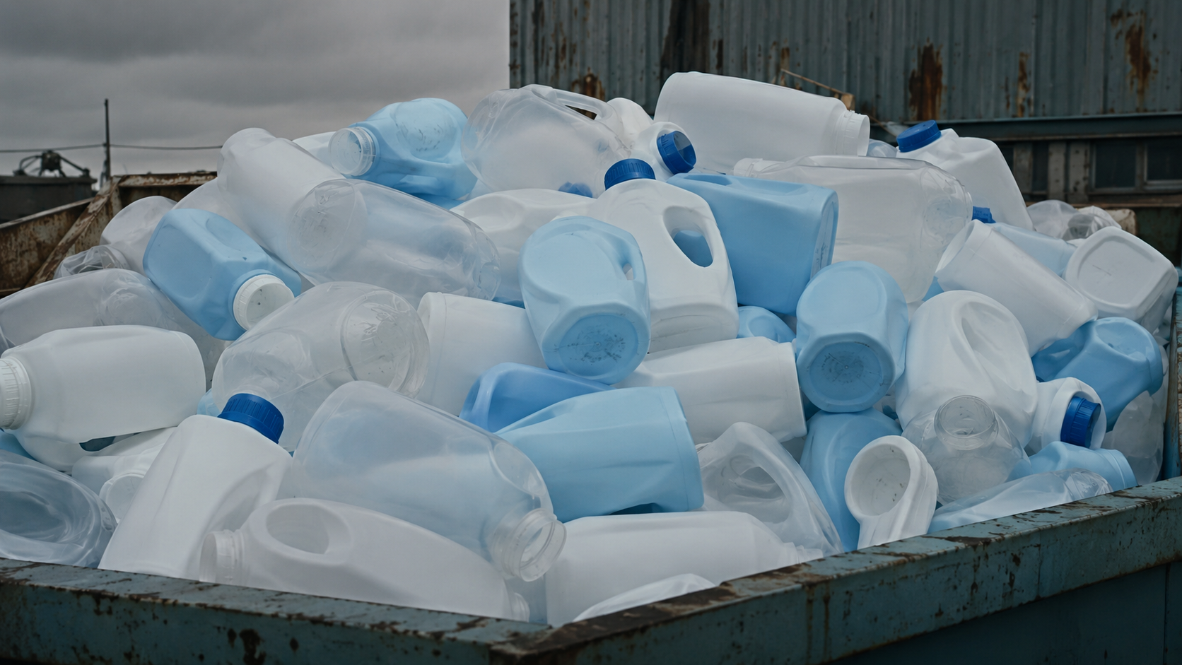 A pile of empty plastic laundry detergent jugs