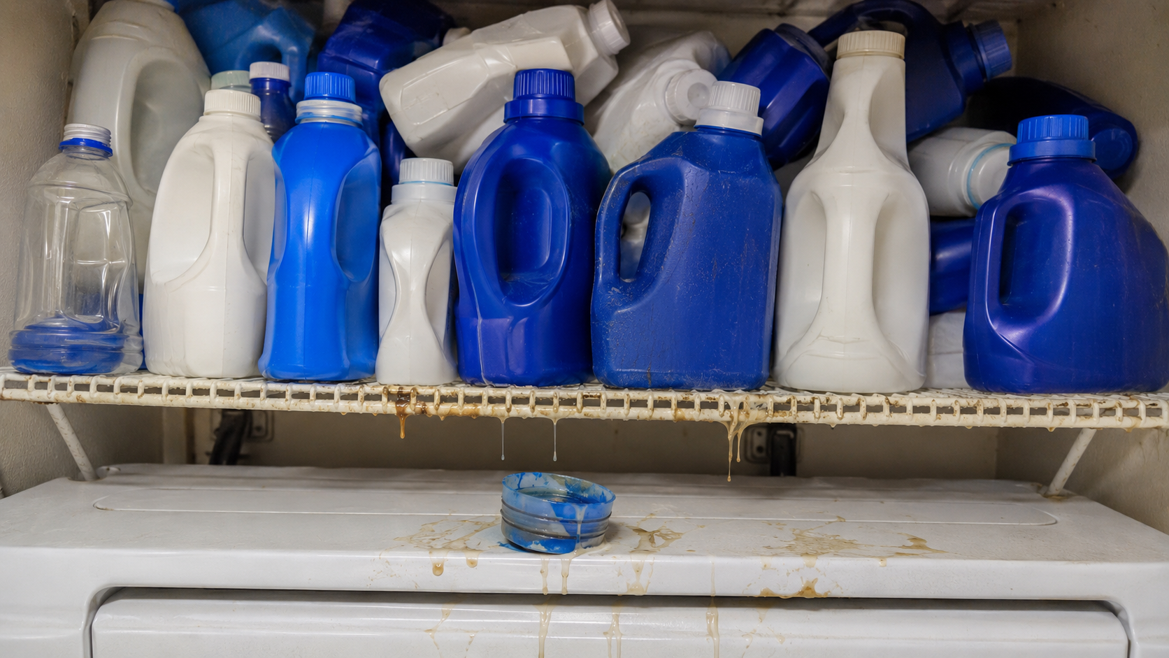 A tidy laundry room shelf without bulky detergent jugs